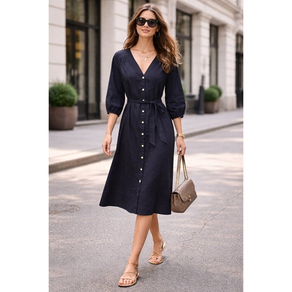 Talbots Plus 16W Black Cotton Poplin Button Front Shirt Dress Tie Waist Midi